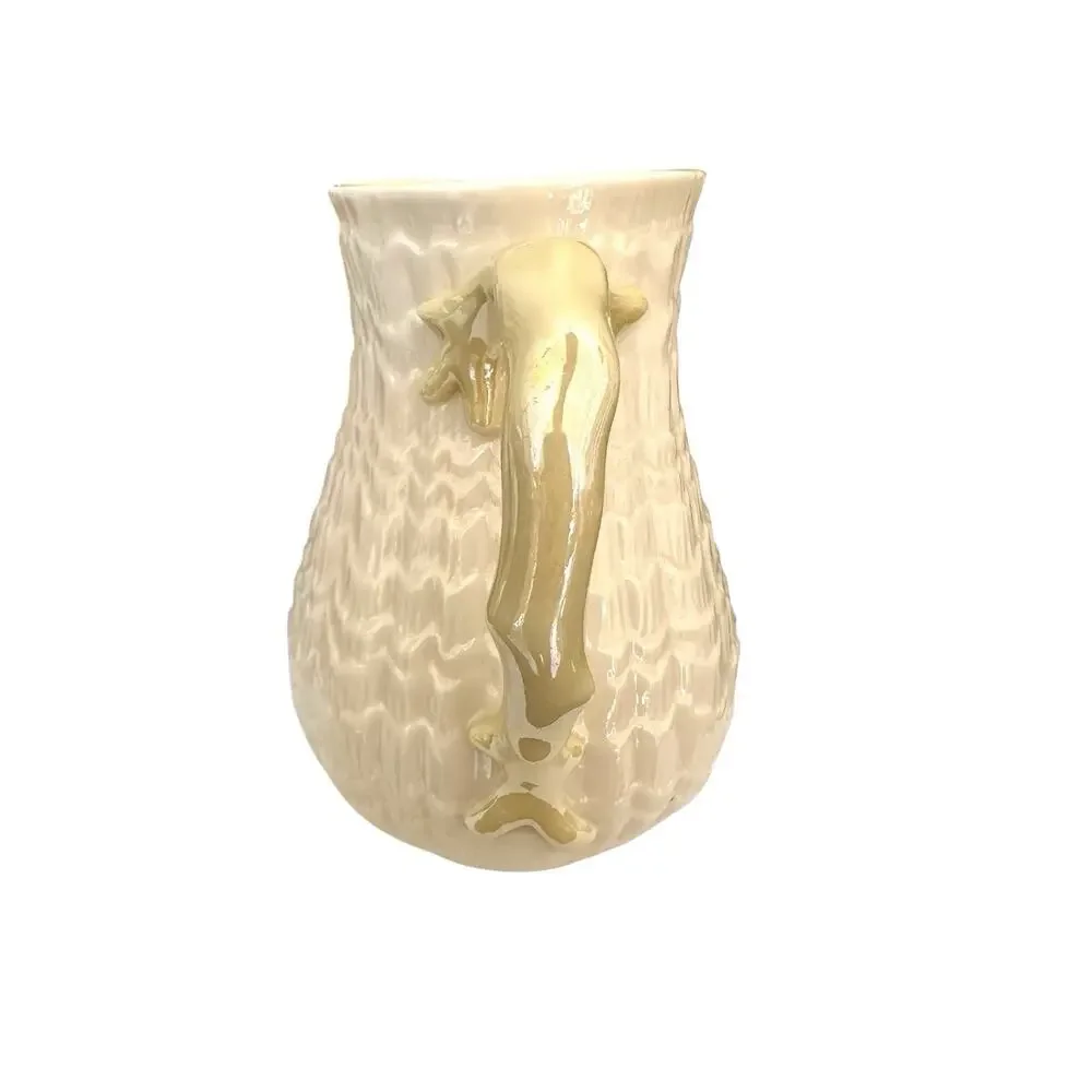 Belleek Ireland Tridacna Yellow Handle 18 Oz Milk Jug Pitcher 5th Green Mark EUC